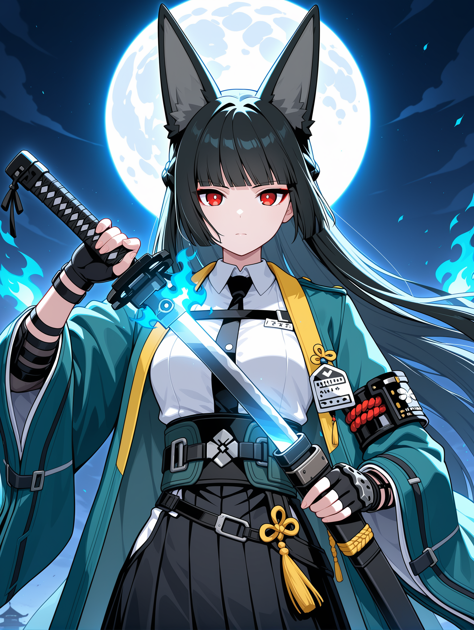 18027-1557144641-1girl, hoshimi miyabi, animal ears, black hair, black skirt, blue fire, blunt bangs, facing viewer, fingerless gloves, fire, fox.png